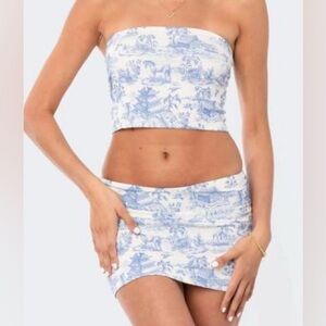 Edikted Blue and White Printed Women's Skirt and tube top
